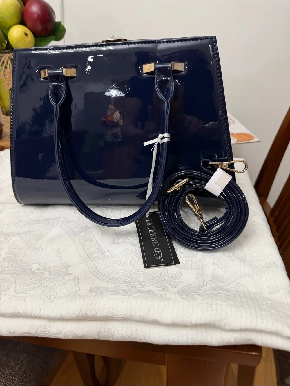 Navy Patent Top-Handle Satchel
